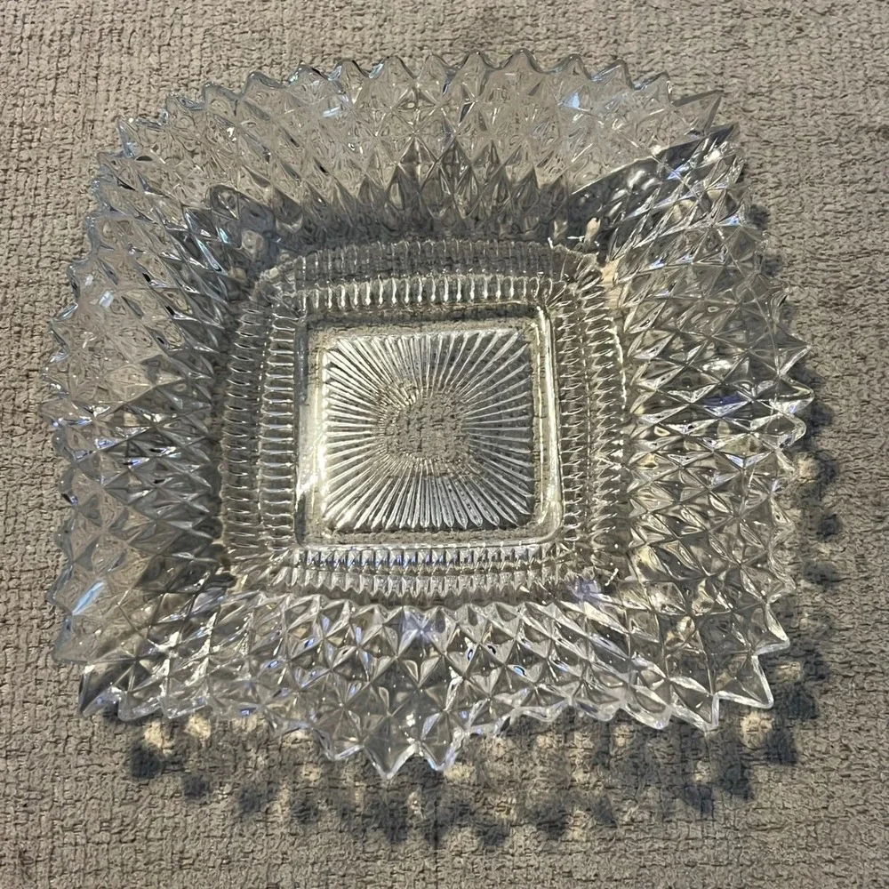 Vintage Clear Pressed Glass Square Bowl Diamond Point Sawtooth Scalloped Rim 7in